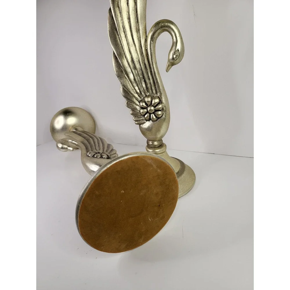 Vintage 1980s Art Deco Gold Swan Pillar Candle Holders - Hollywood Regency 15.5